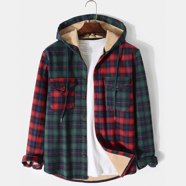 Men's Hooded Jacket Fashion Casual Long Sleeve Plaid Jacket - cas7m