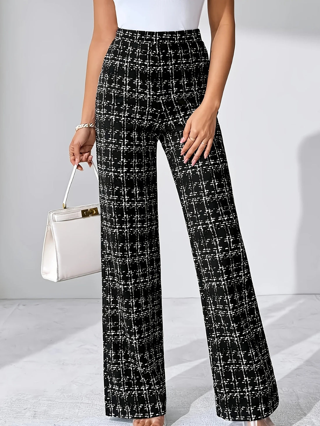 Woven Plaid High Waist Straight Women's Pants - cas7m