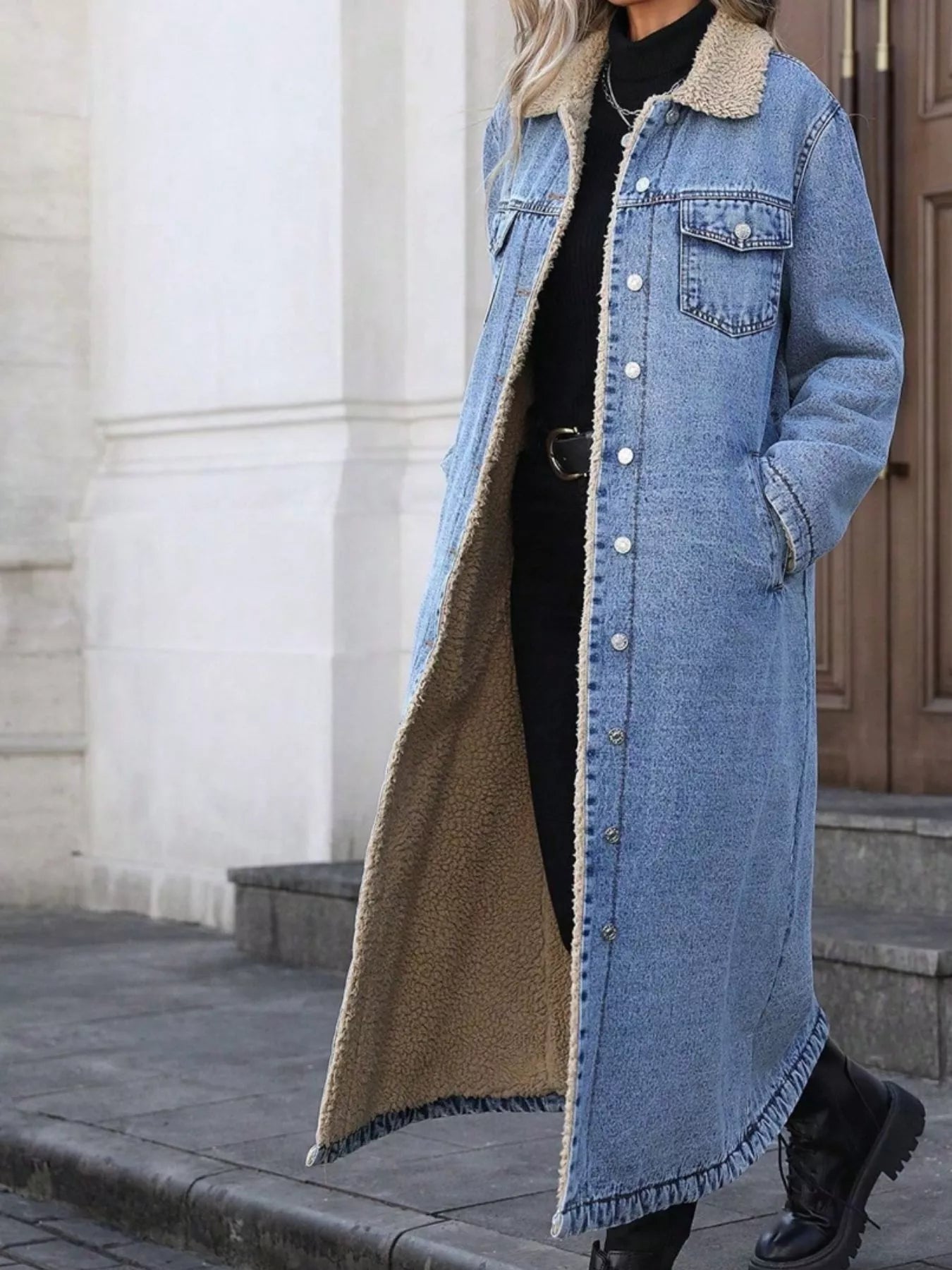 Sherpa Lined Longline Denim Jacket - cas7m