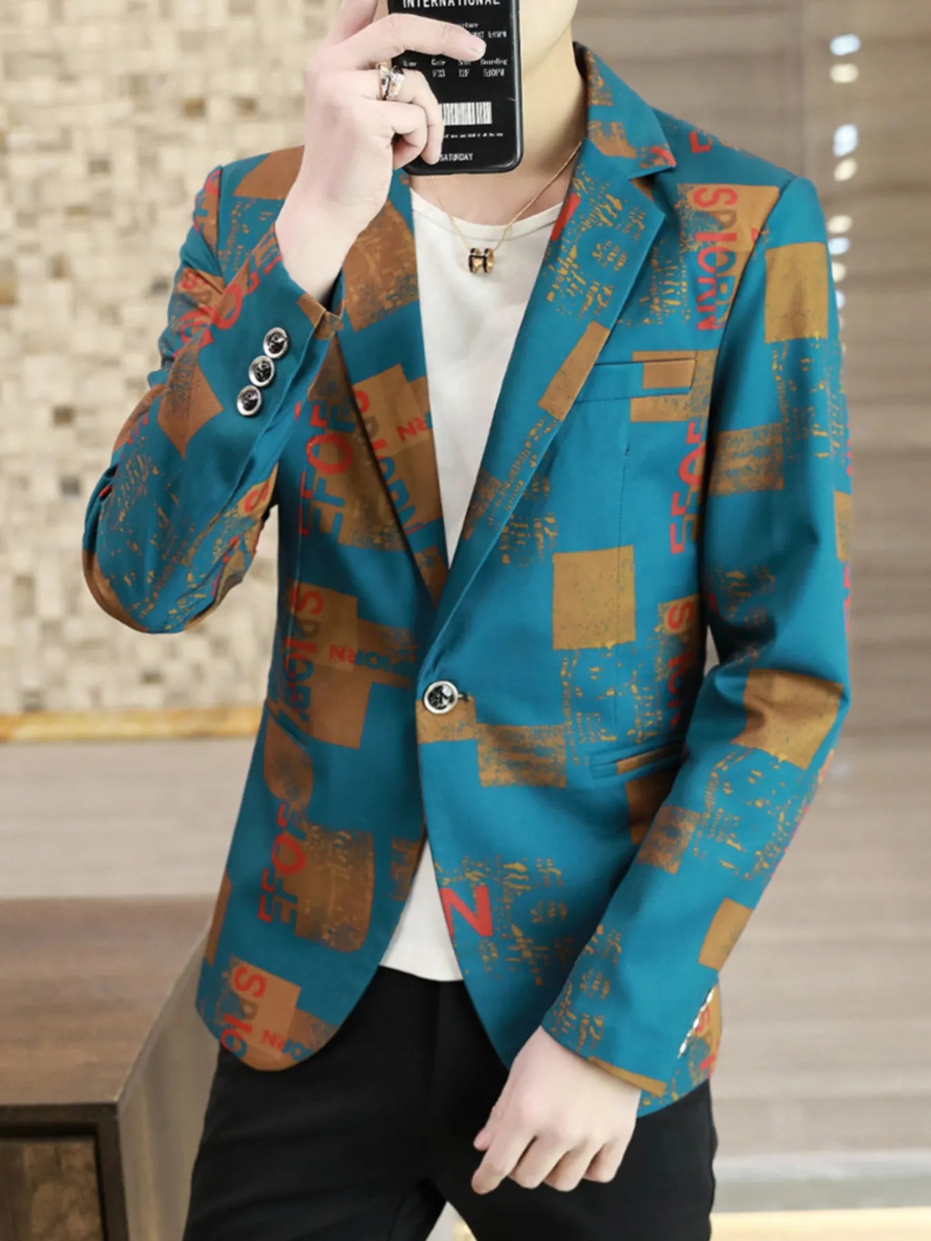 Men's Plus Size Printed One Button Slim Fit Blazer - cas7m