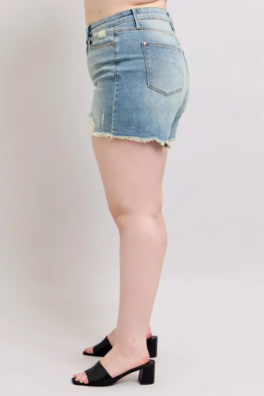 Judy Blue Plus Size High Rise Washed Fly Stitch Detail and Destroy Denim Shorts - cas7m