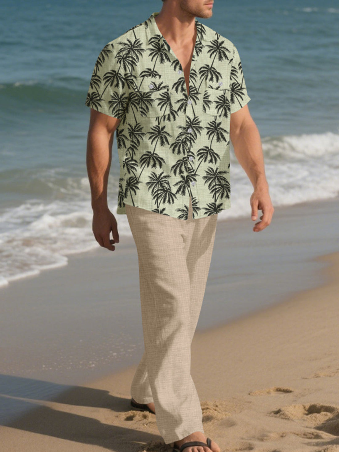 Men's Full Size Tropical Palm Print Button Up Shirt and Pants Set Plus Size - cas7m