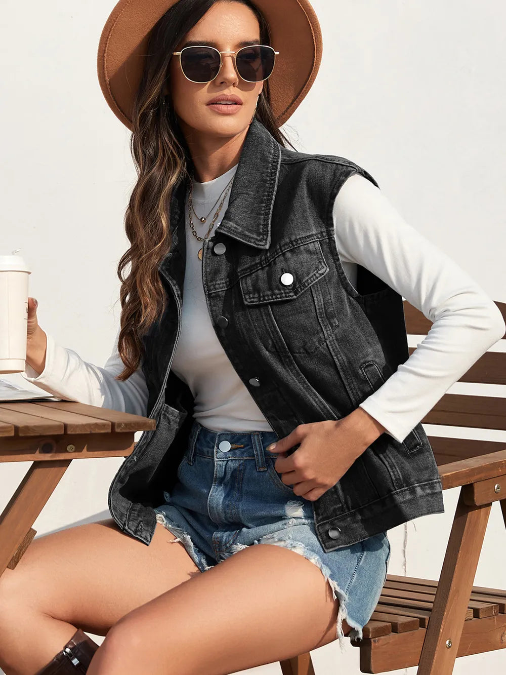 Collared Neck Sleeveless Denim Jacket - cas7m