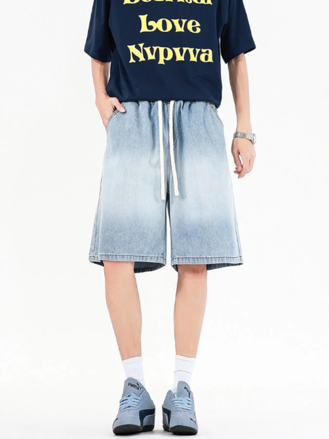 Men's Full Size Drawstring Loose Fit Denim Shorts Plus Size - cas7m