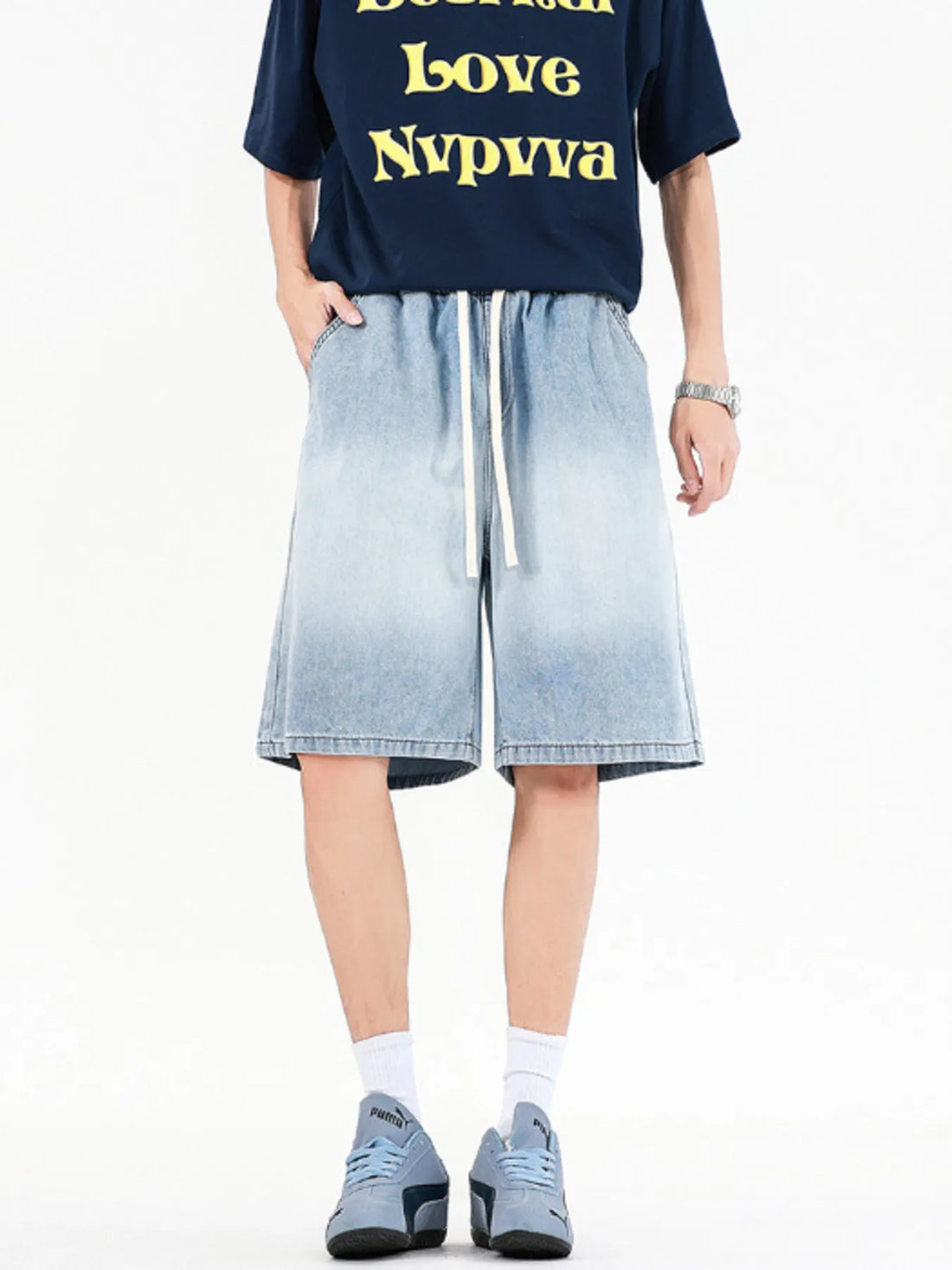 Men's Full Size Drawstring Loose Fit Denim Shorts Plus Size - cas7m