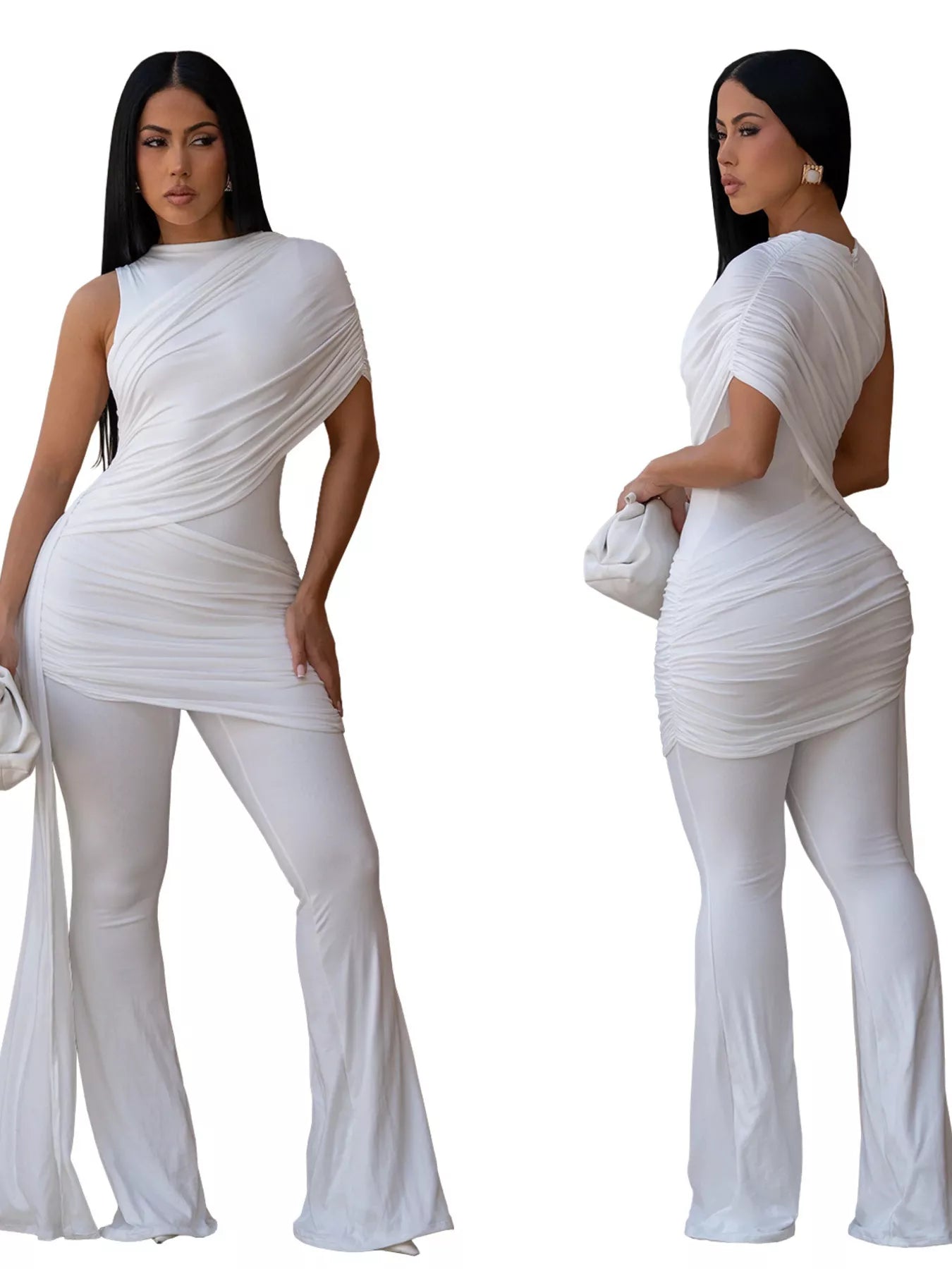Ruched One-Shoulder Flare Leg Jumpsuit - cas7m