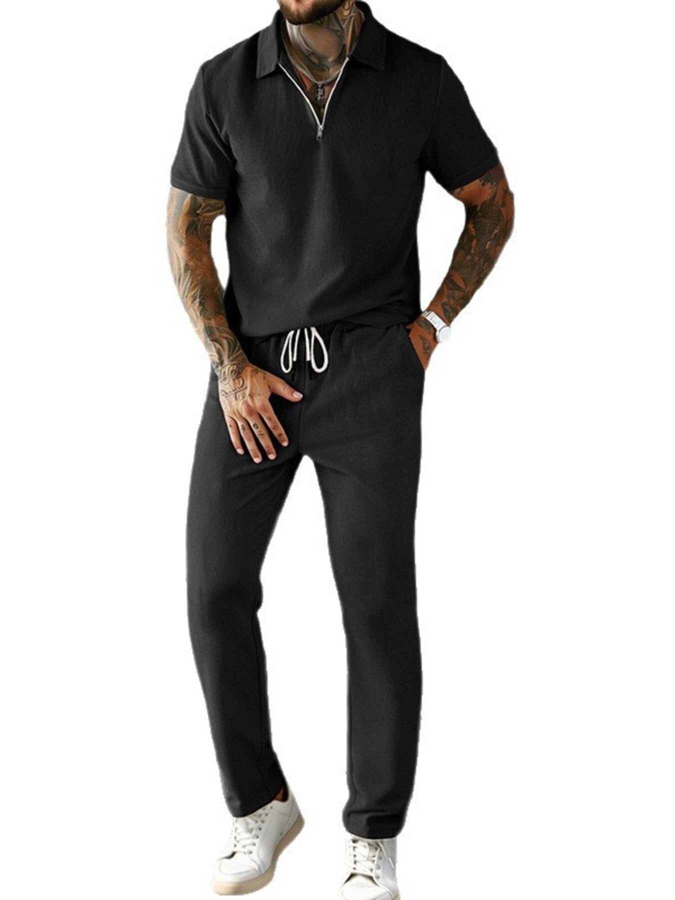 Men's Full Size Casual Zipper Polo Shirt and Drawstring Pants Set Plus Size - cas7m