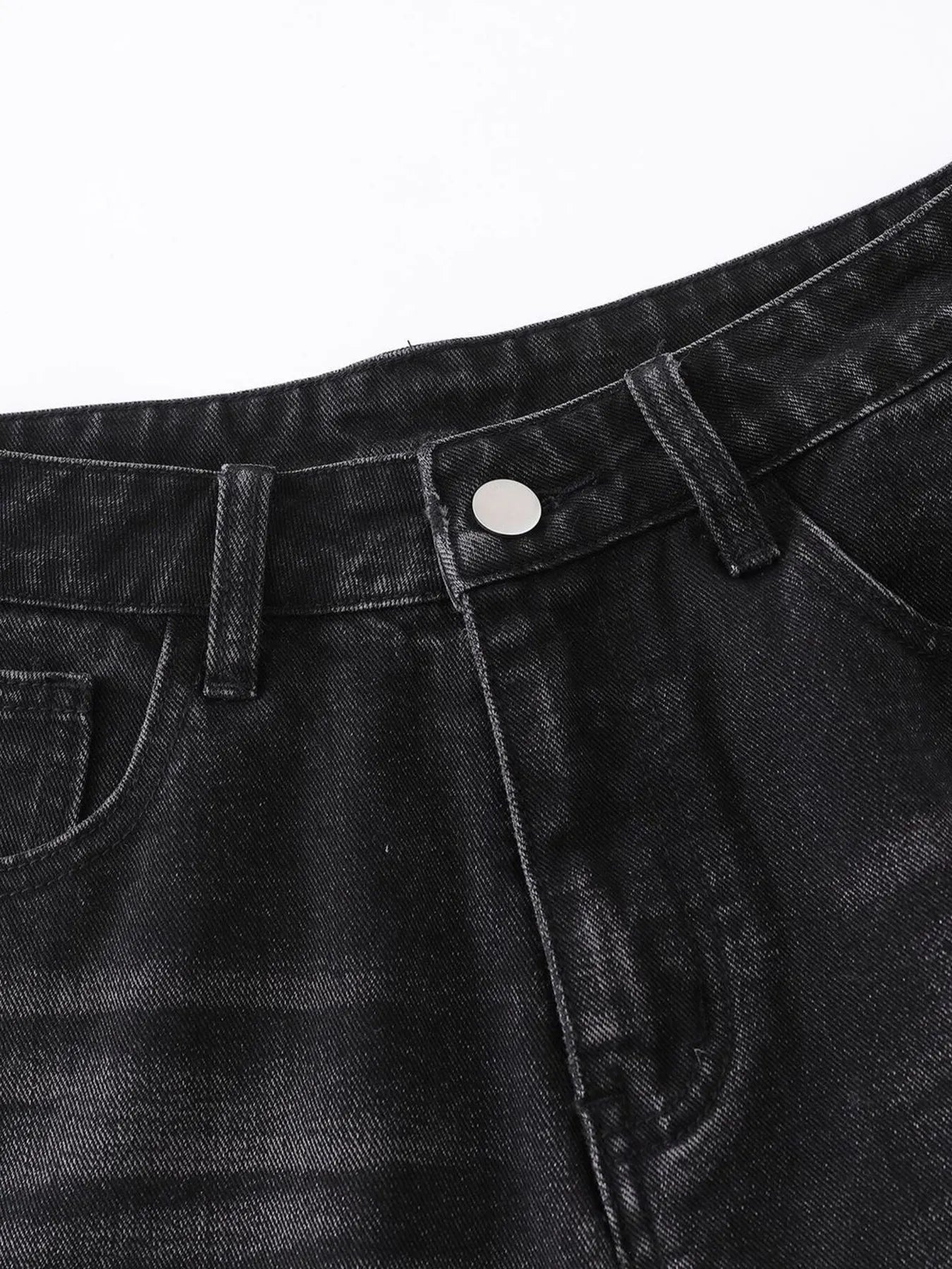 Men's Distressed Denim Shorts with Plaid Patches - cas7m