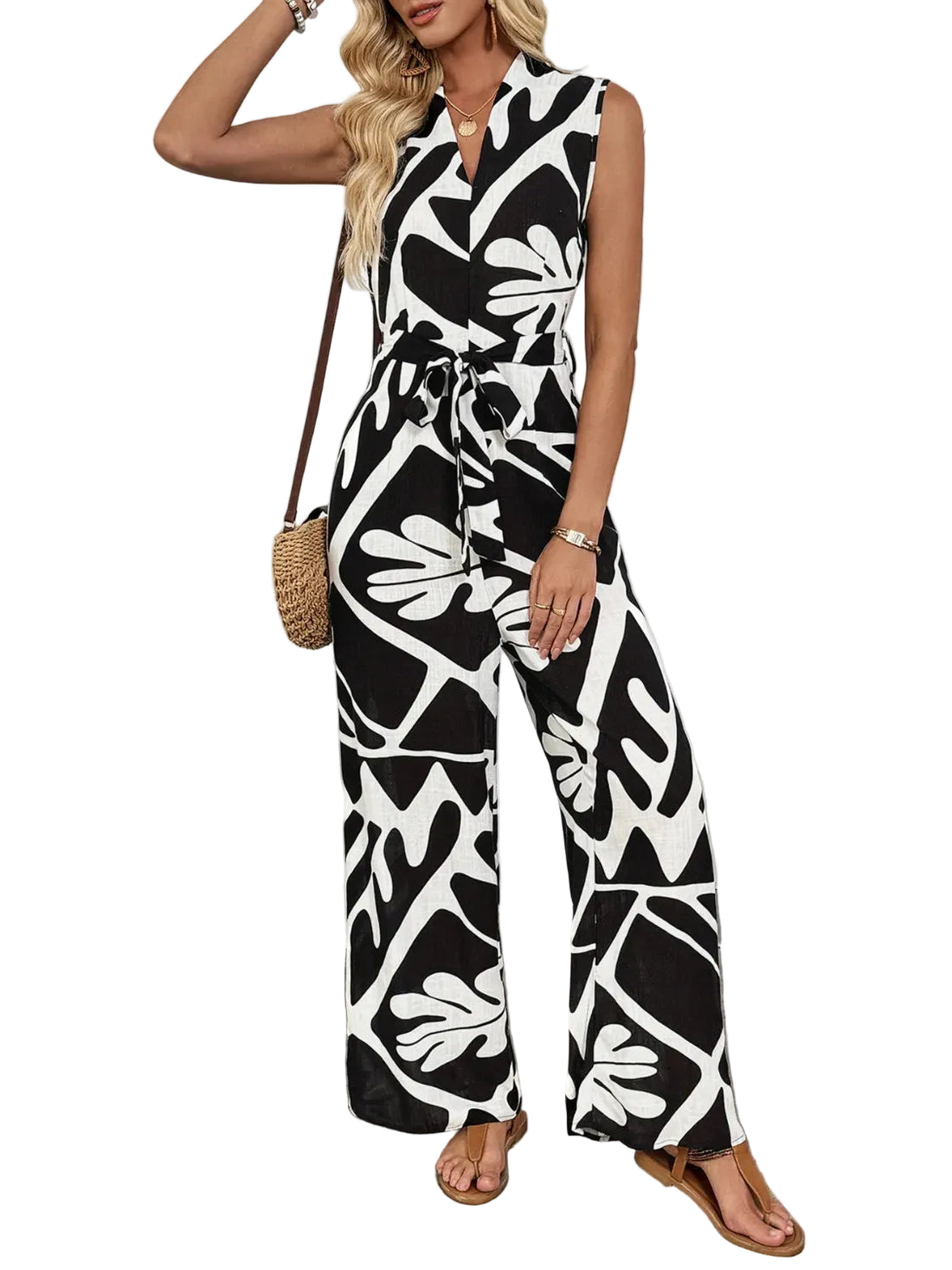 Printed Sleeveless Wide Leg Jumpsuit - cas7m