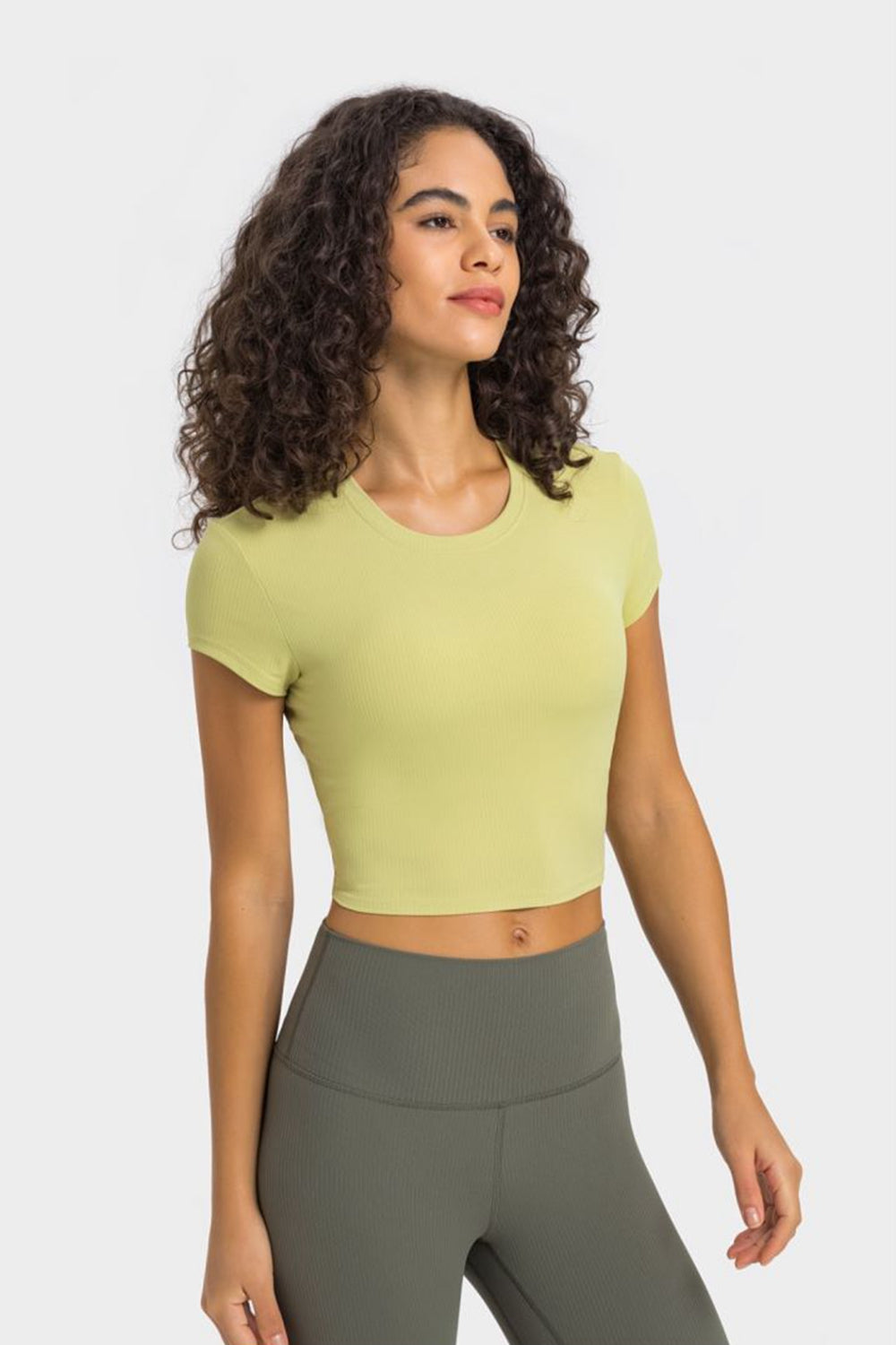 Soft Flex Cropped Yoga Top - Stretchy Solid Short Sleeve - cas7m