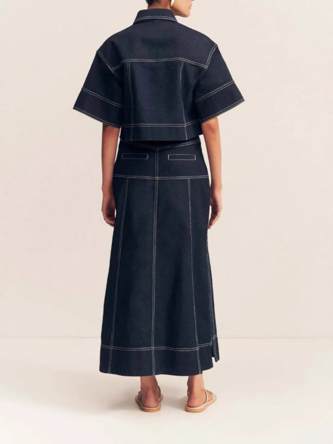 High-Waist Side Slit Contrast Stitch Denim Maxi Skirt - cas7m