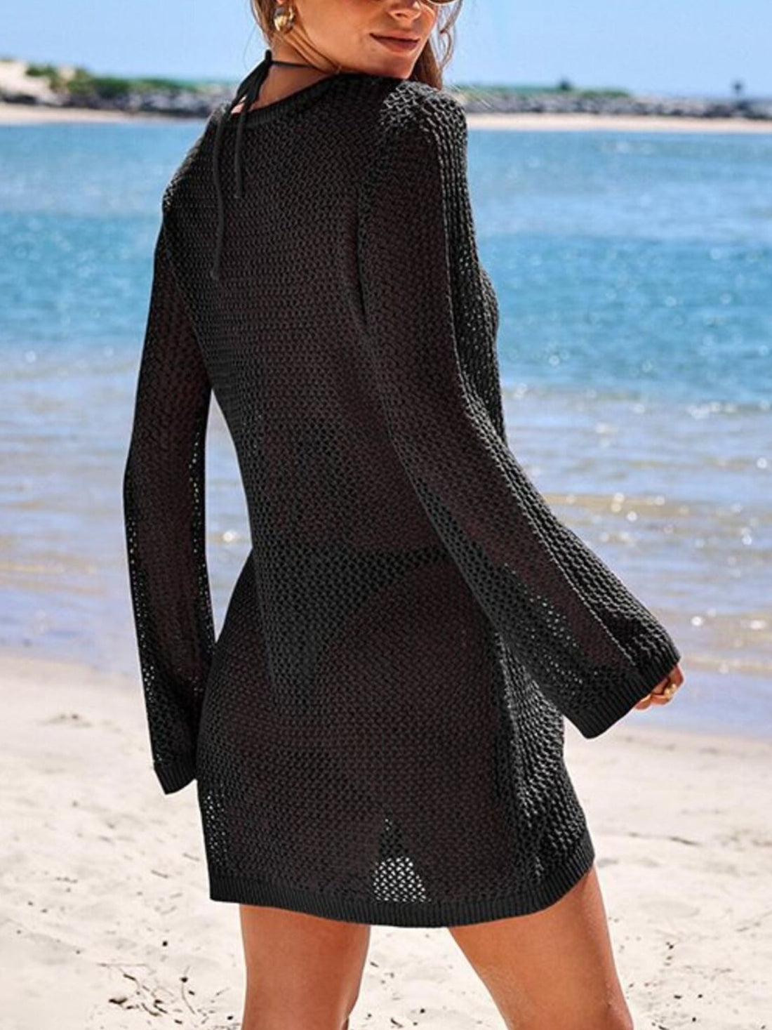 Long Sleeve Crochet Knit Cover Up Dress - cas7m