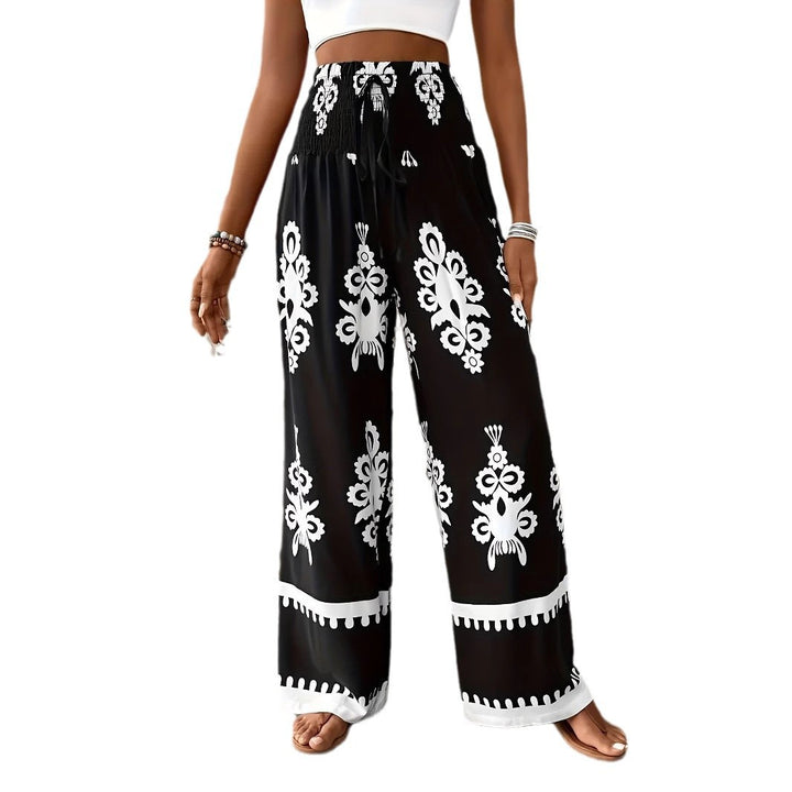 Women's 3D Pattern Lace-up Casual High Waist Print Wide-leg Pants - cas7m