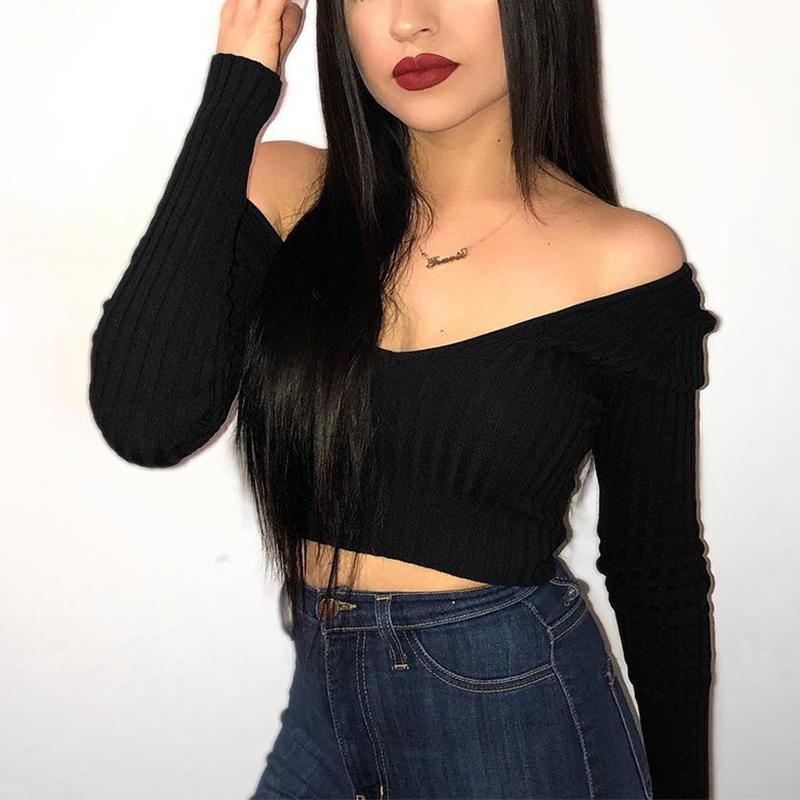 Cotton black short crop top Women autumn v neck off shoulder - cas7m