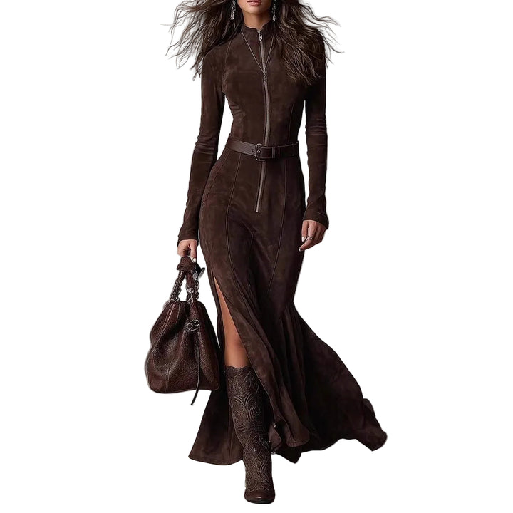 Slim Zipper Dress Elegant Temperament Split Long-sleeved Dresses Cowboy Fashion Retro Women's Clothing - cas7m
