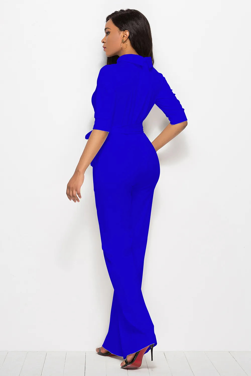 Mock Neck Tie-Waist Half Sleeve Jumpsuit - cas7m