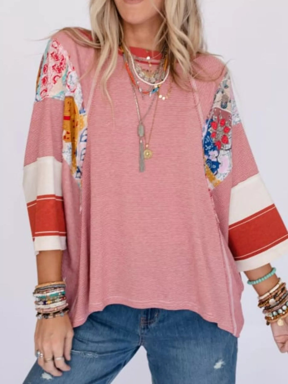 Striped Floral Long Sleeve T-Shirt - cas7m