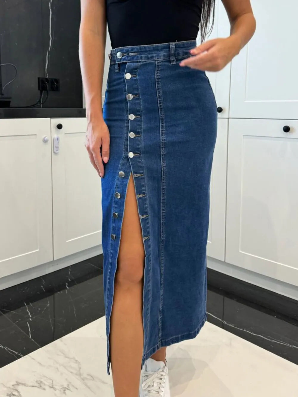 Front Button Slit Midi Denim Skirt - cas7m
