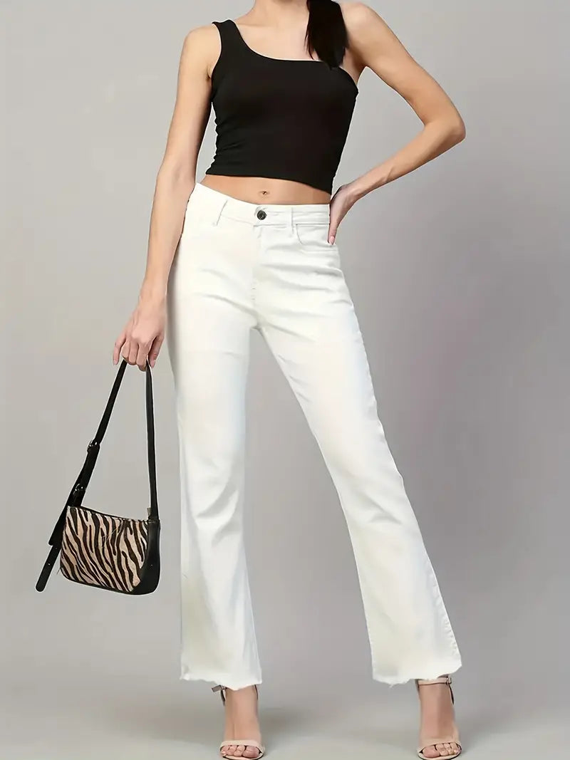 High Waist White Raw Hem Wide Leg Denim Jeans