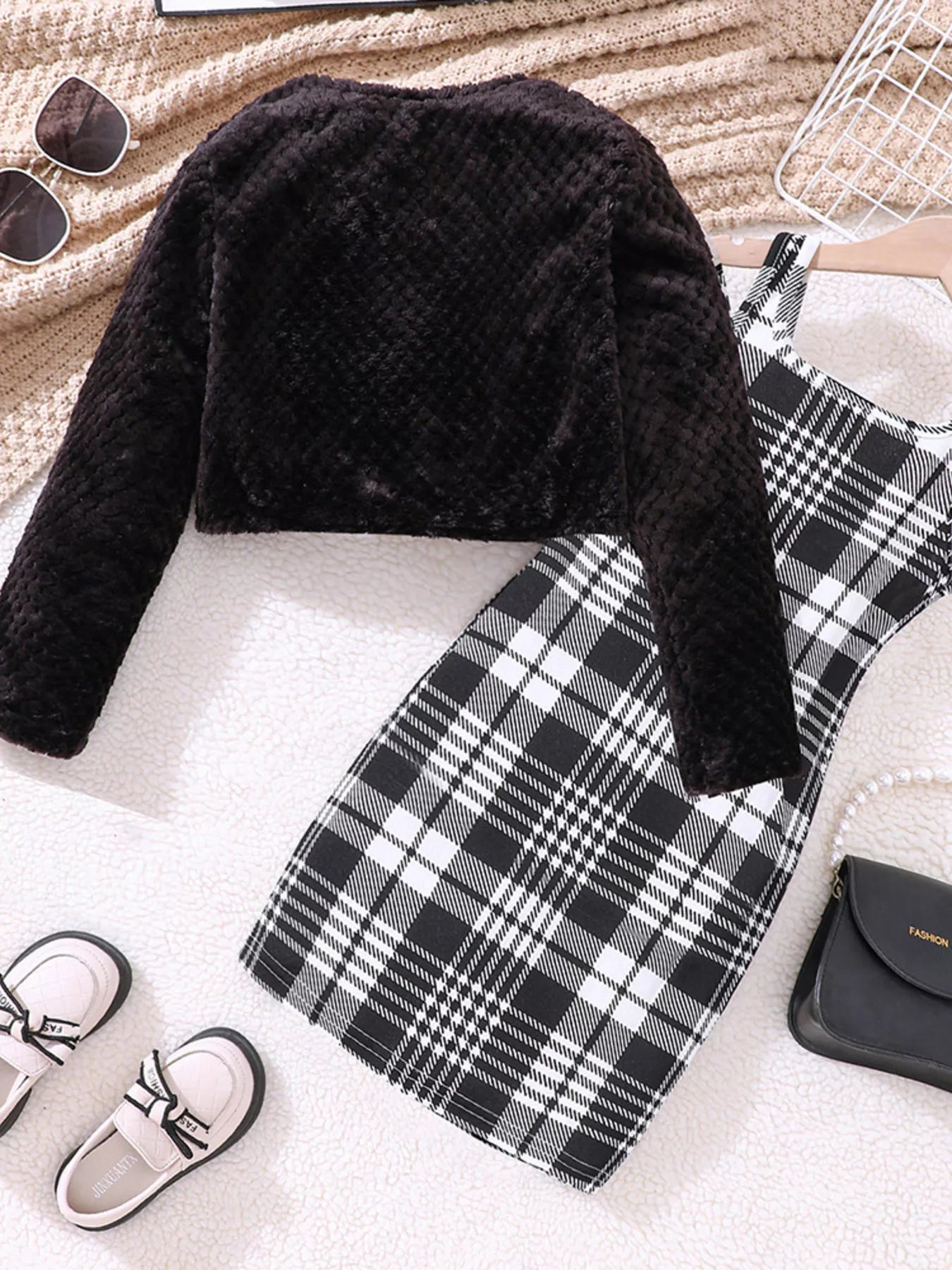 Children's Fuzzy Cardigan & Plaid Dress Set - cas7m