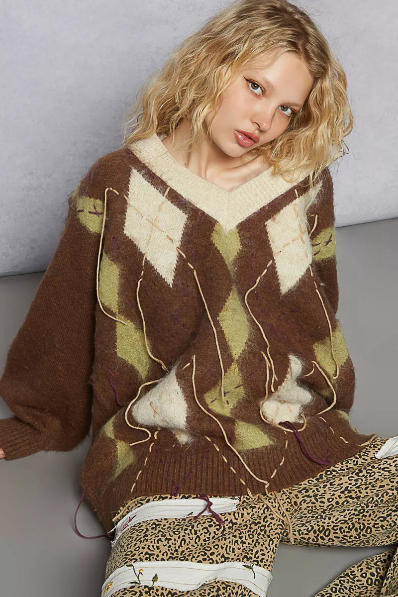 POL V-Neck Argyle Pattern Mohair Sweater with Contrast Exposed Stitch Detail - cas7m