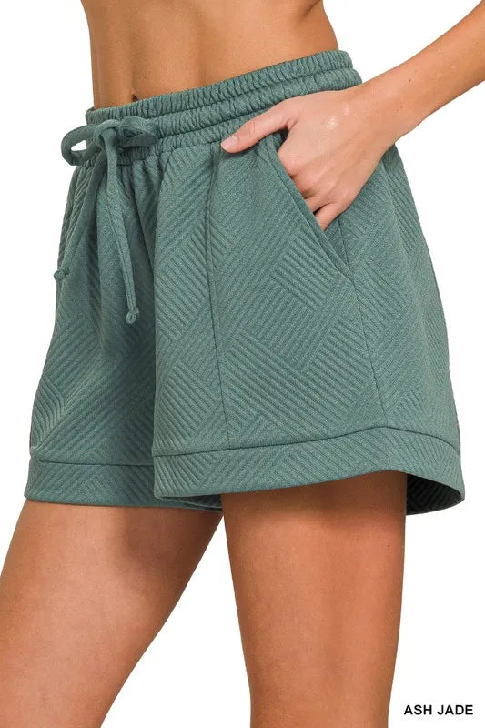 Zenana Textured Knit Jacquard Drawstring Shorts - cas7m