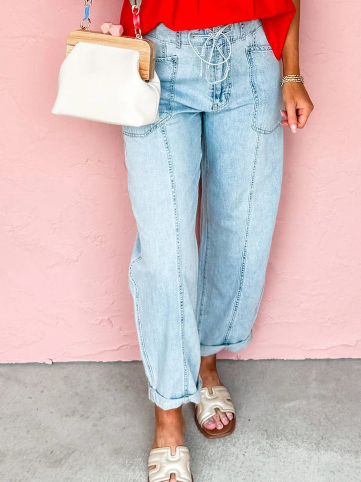 Drawstring Washed Relaxed Fit Boyfriend Jeans - cas7m