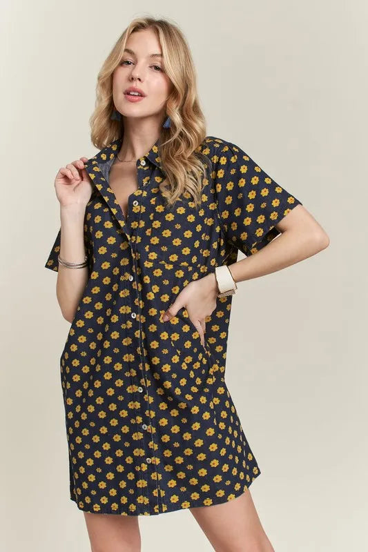 ADORA Floral Button-Up Mini Denim Dress - cas7m