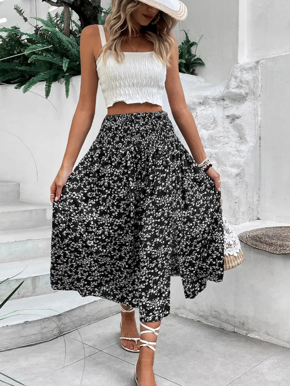 Slit Smocked Printed Skirt - cas7m