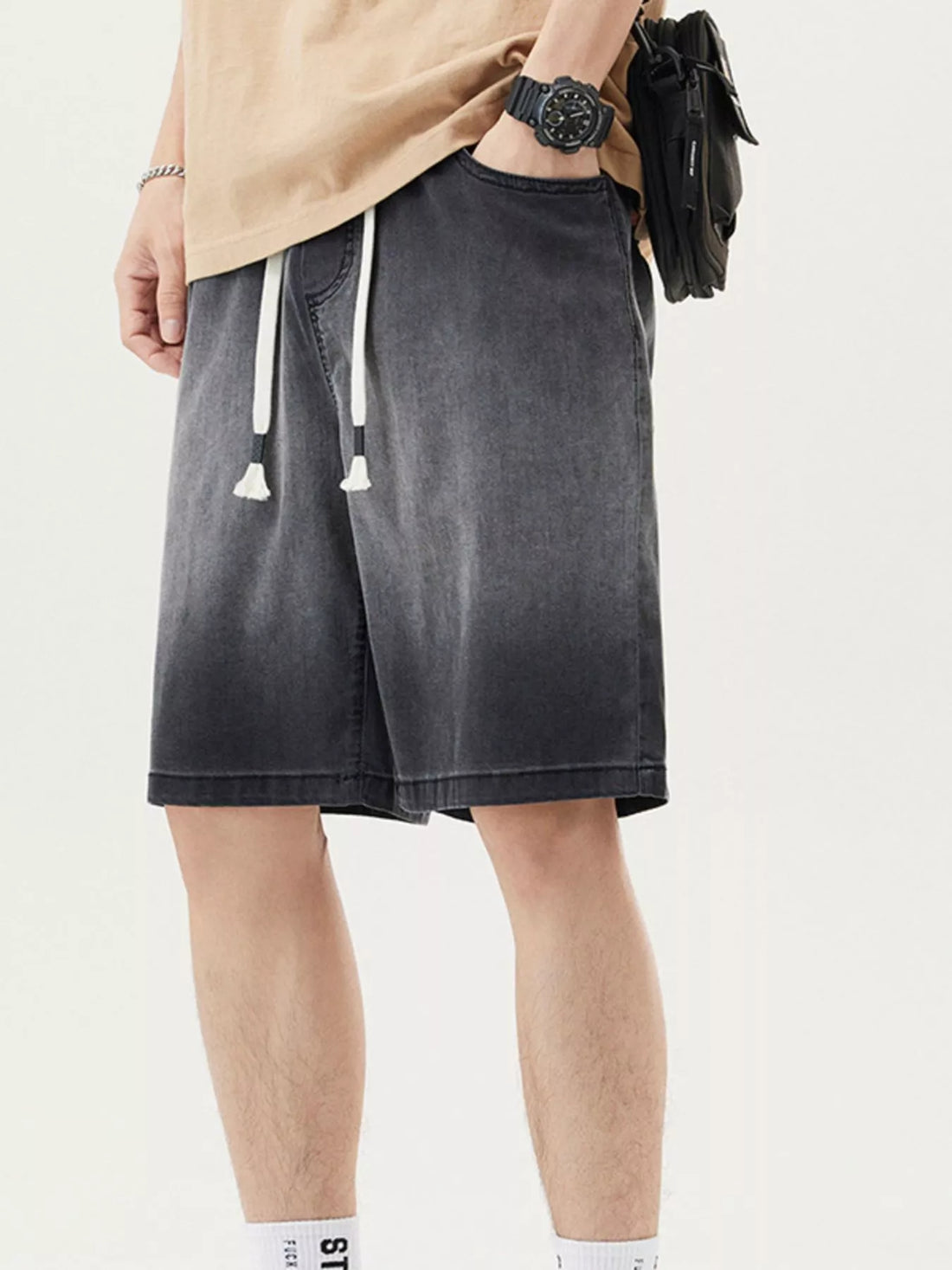 Men's Plus Size Loose Fit Drawstring Denim Shorts - cas7m