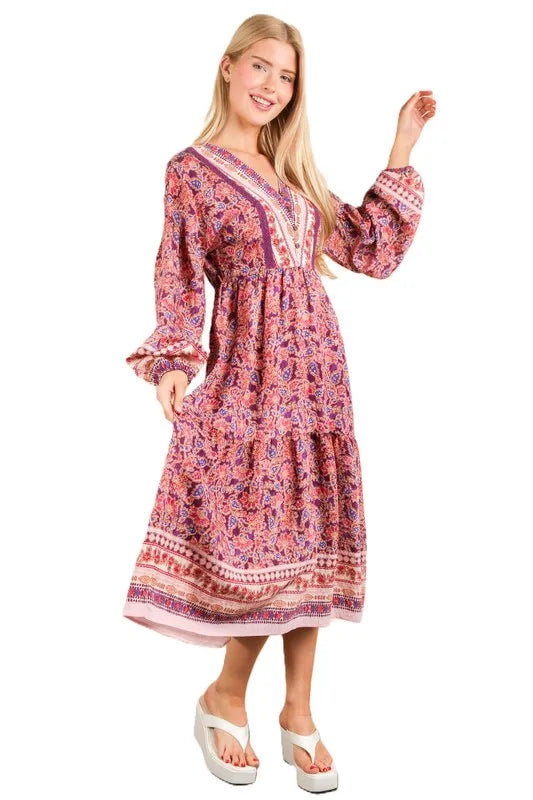 VERY J Floral Printed Boho V-Neck Balloon Sleeve Dress - cas7m