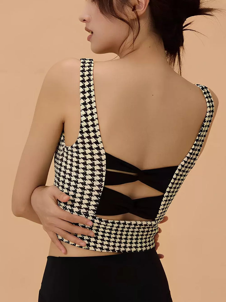 Crisscross Back Houndstooth Active Bra - cas7m