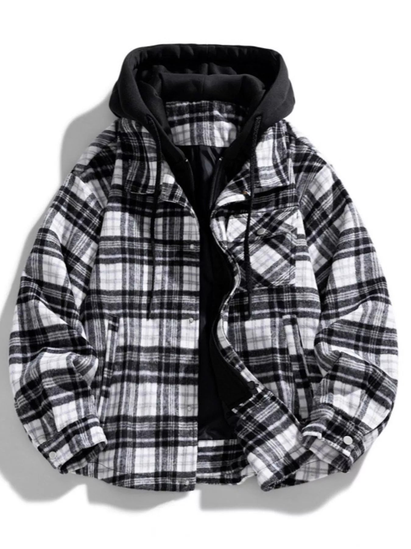 Men's Plus Size Drawstring Hooded Plaid Shirt Jacket - cas7m