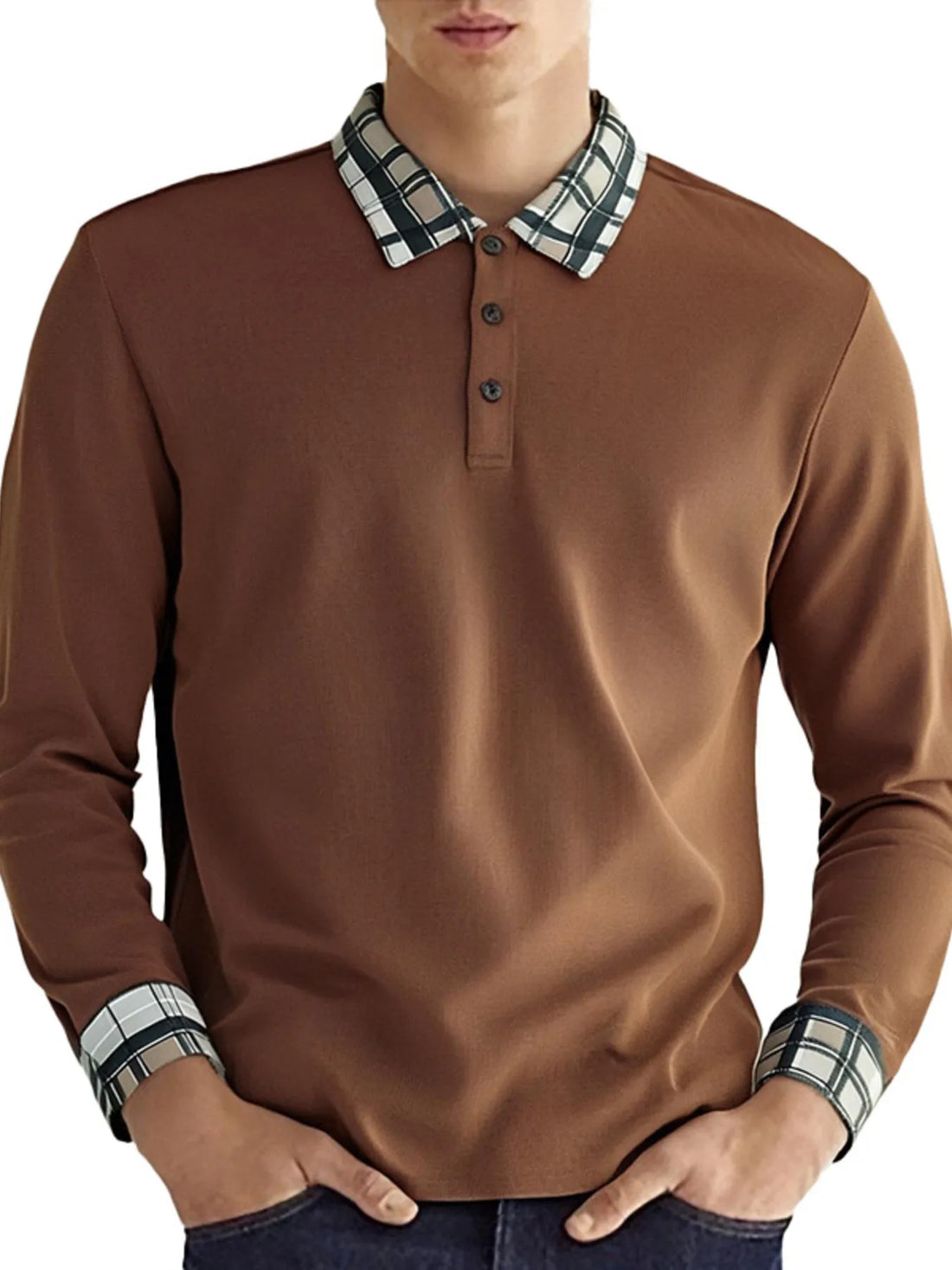 Men's Long Sleeve Plaid Collar Polo Shirt - cas7m