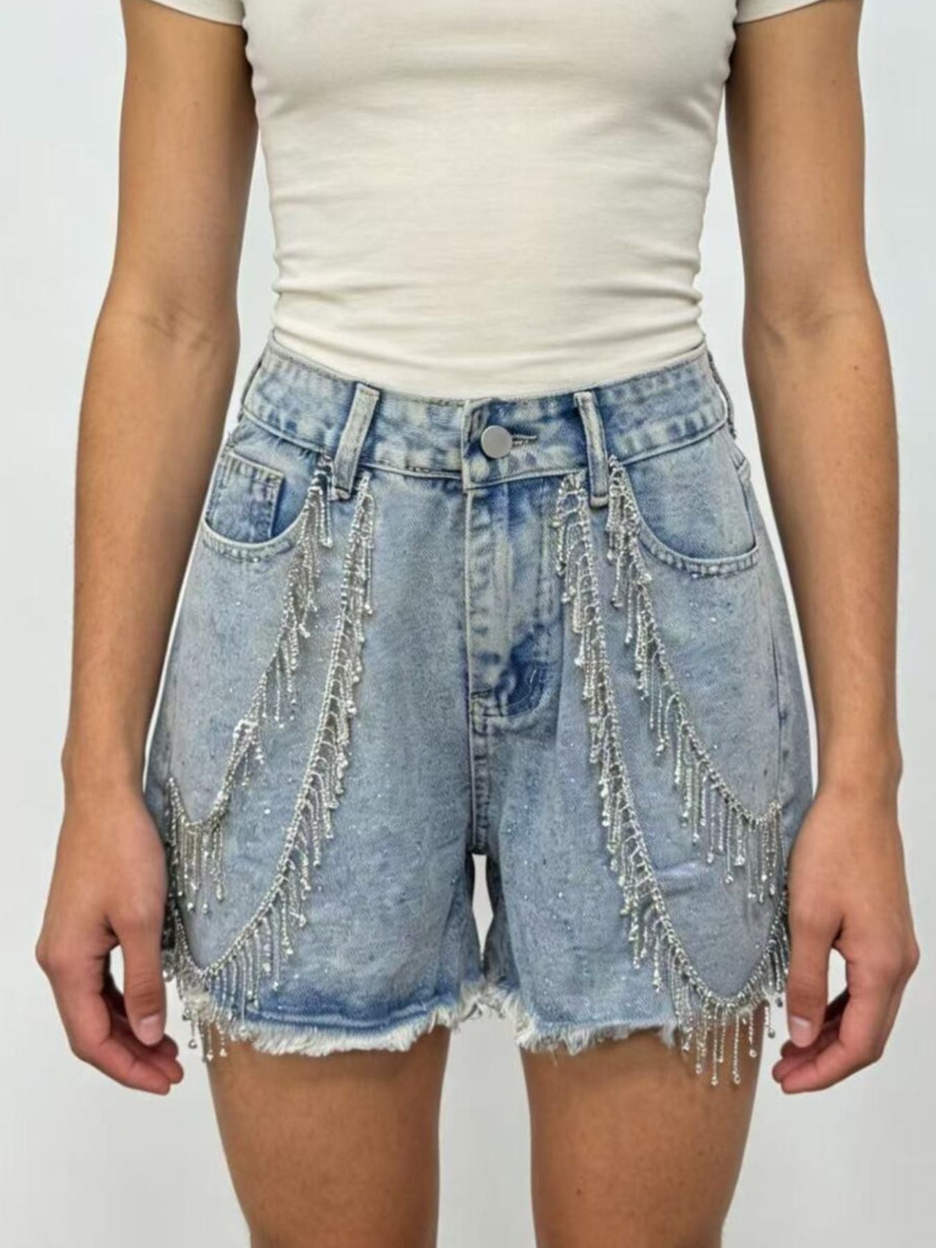 Rhinestone Chain Raw Hem Denim Shorts - cas7m