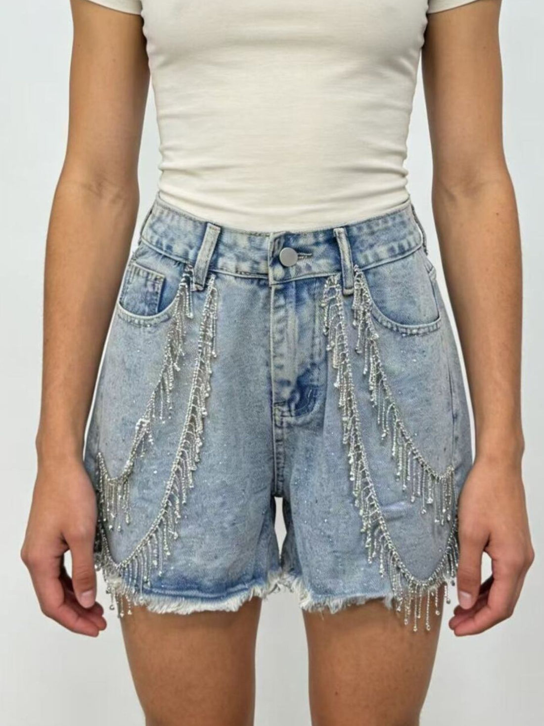 Rhinestone Chain Raw Hem Denim Shorts - cas7m