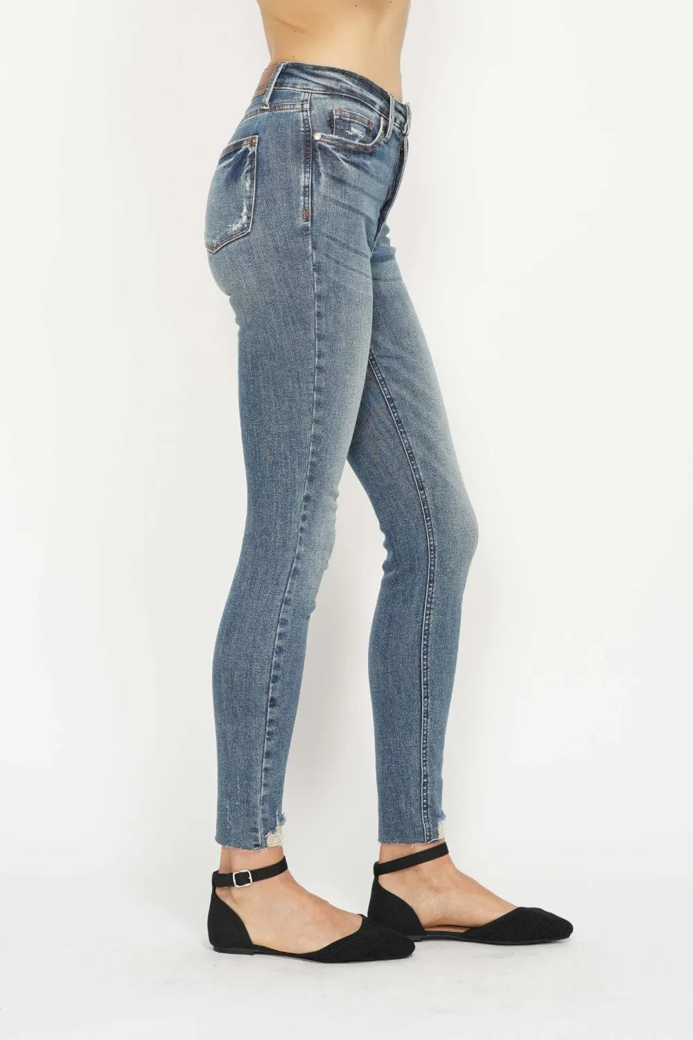 Judy Blue Full Size Tummy Control Vintage Wash Hem Destroy Skinny Jeans - cas7m