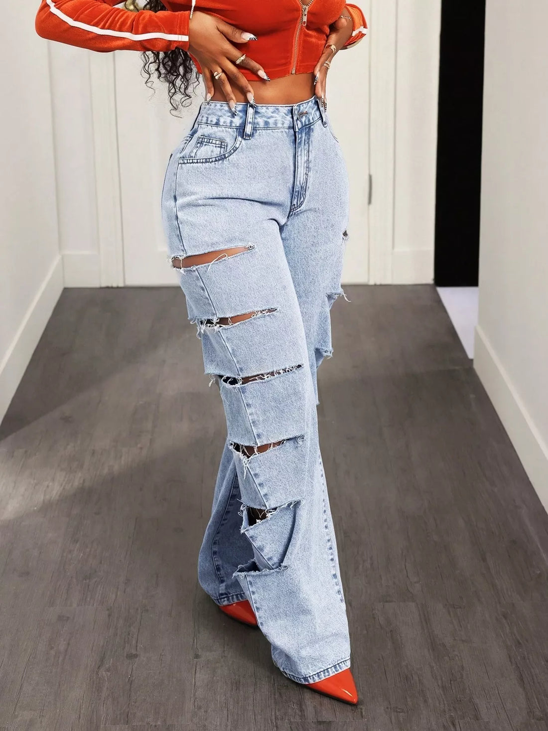 Distressed Wide Leg Jeans - cas7m