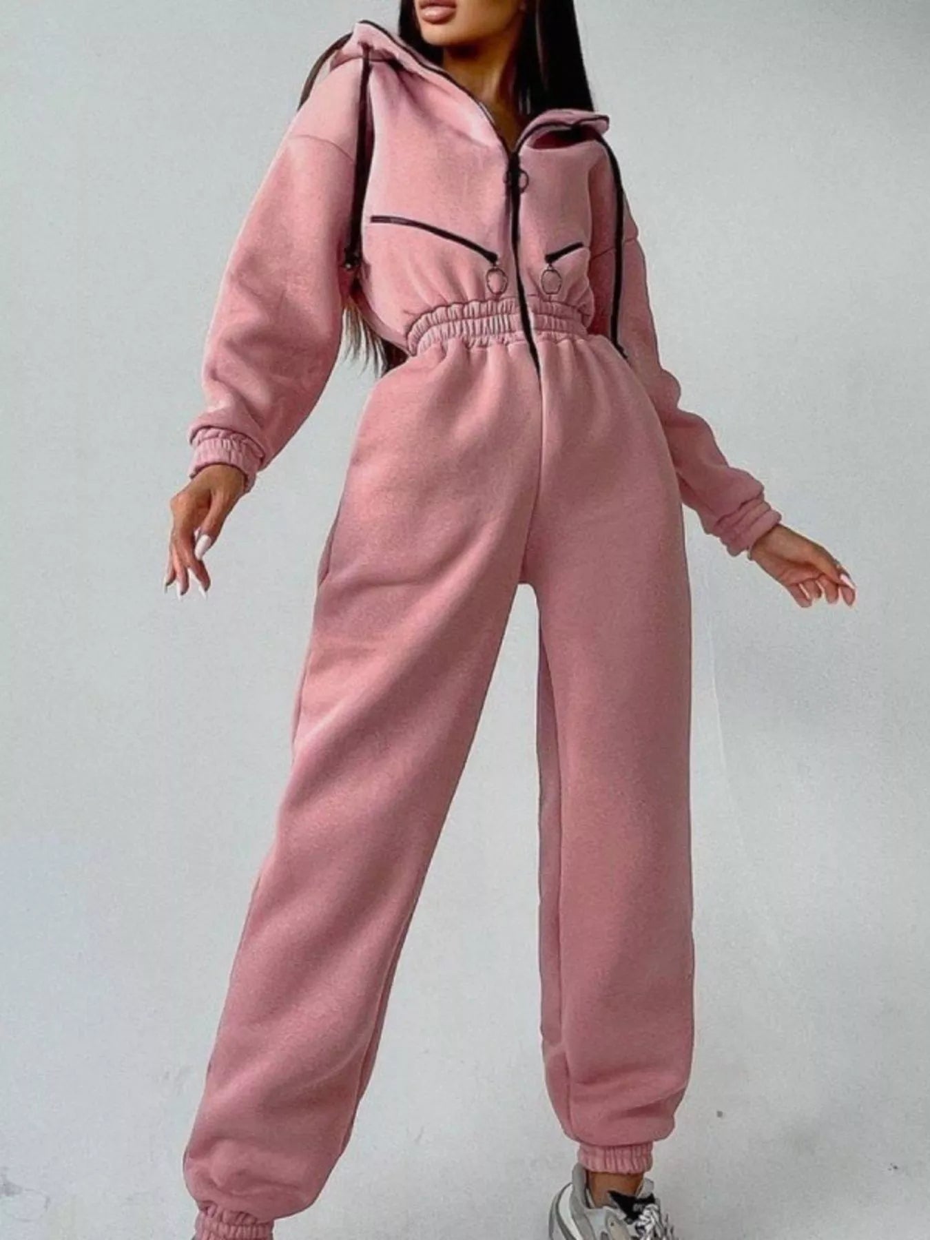 Hooded Zip-Up Long Sleeve Jumpsuit - cas7m