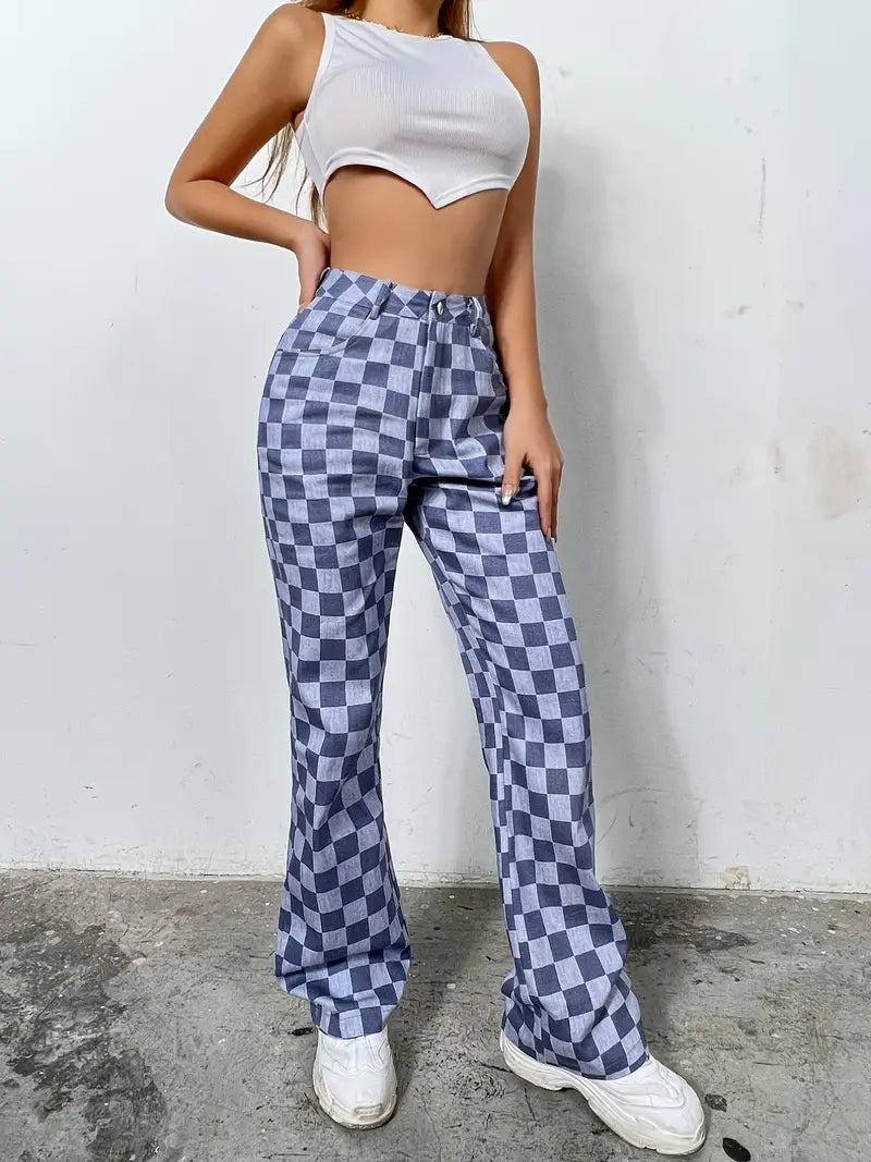 Colorblock Plaid High Waist Wide Leg Denim Jeans - cas7m