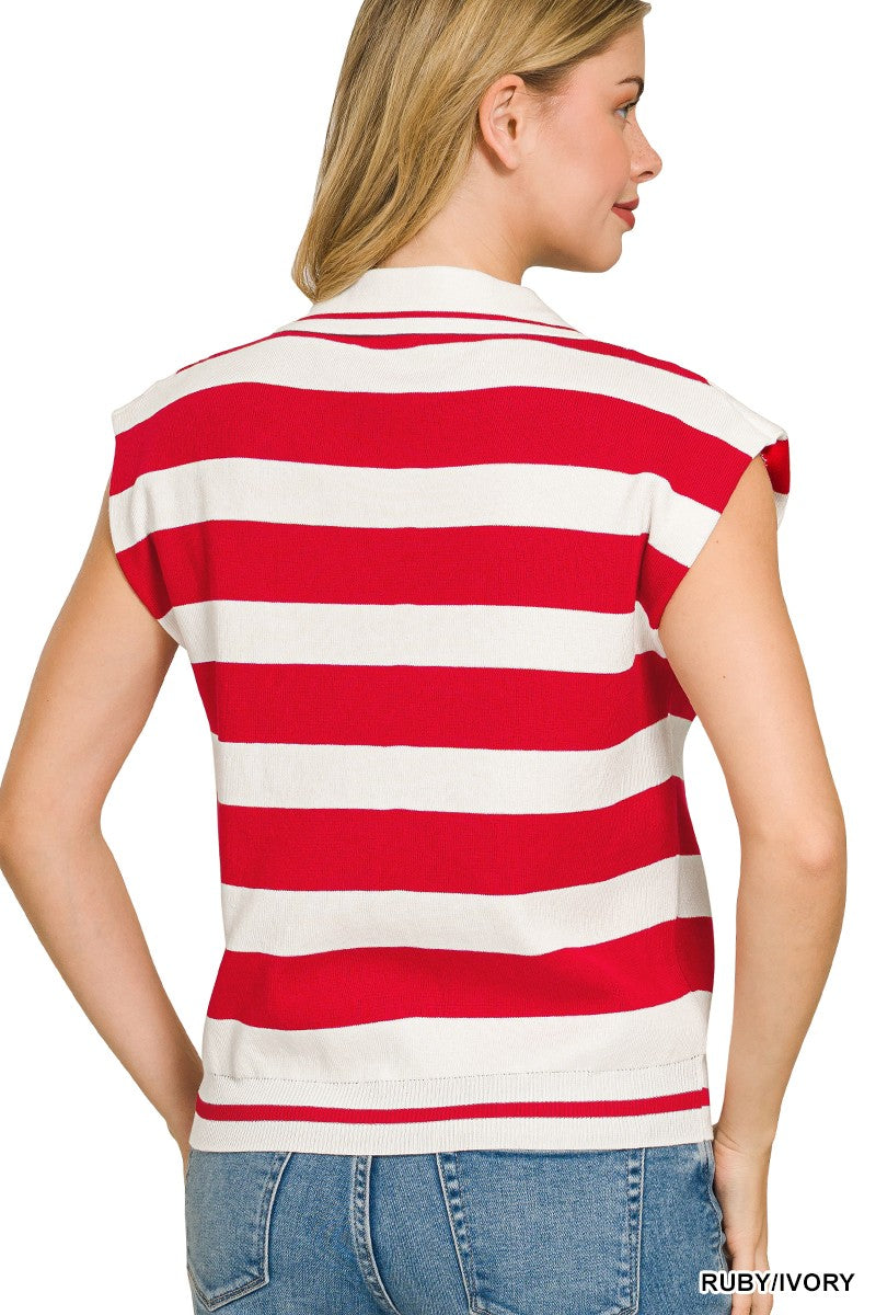 Zenana Viscose Striped Collared Sweater Vest - cas7m