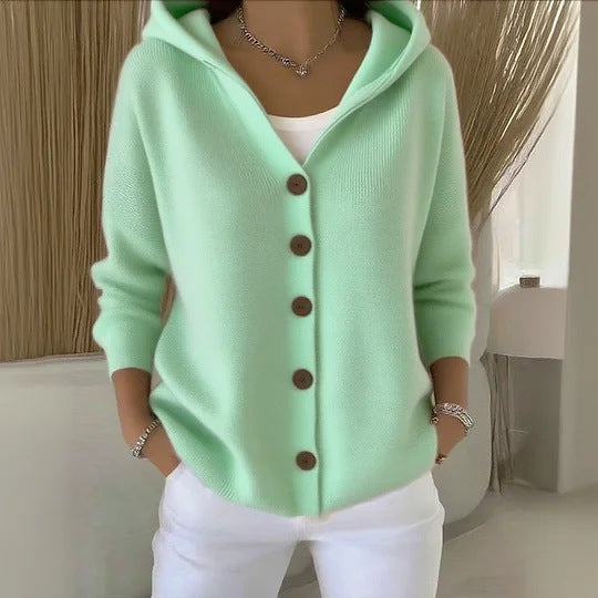 Ins Button Hooded Sweater Fashion Autumn And Winter Knitted Cardigan Casual Commuter Long Sleeve Top Women's Clothing - cas7m