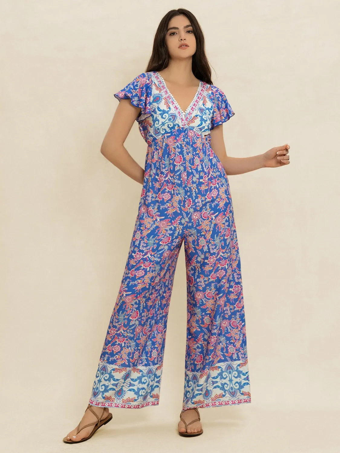 Printed V-Neck Wide Leg Jumpsuit - cas7m