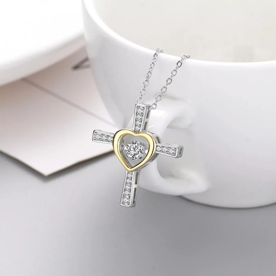 925 Sterling Silver Heart Cross Necklace - cas7m