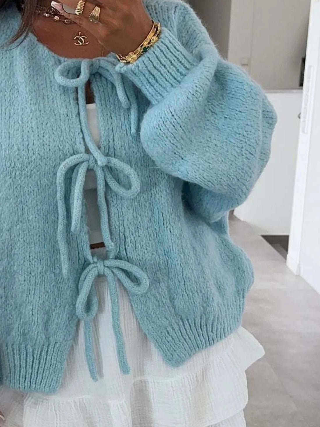 Cozy Bow-Tie Front Knit Cardigan - cas7m