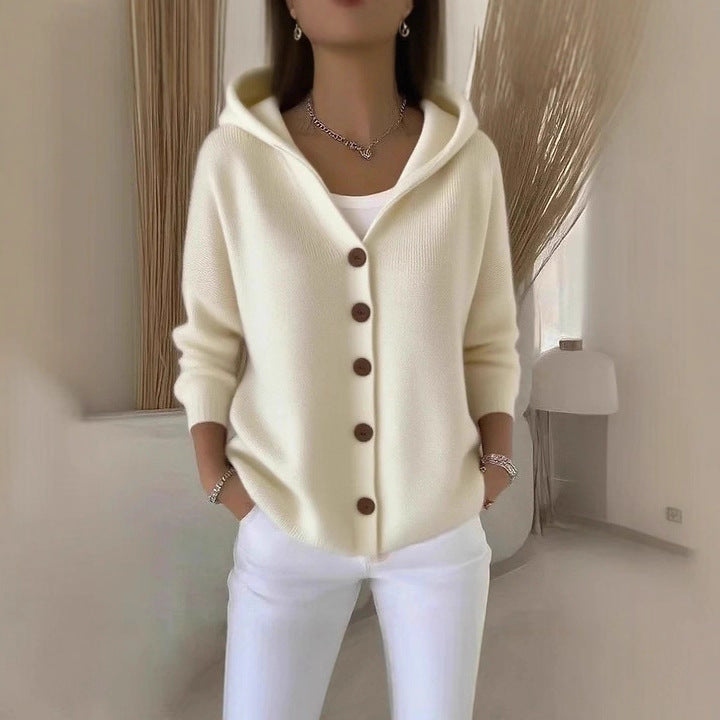 Ins Button Hooded Sweater Fashion Autumn And Winter Knitted Cardigan Casual Commuter Long Sleeve Top Women's Clothing - cas7m
