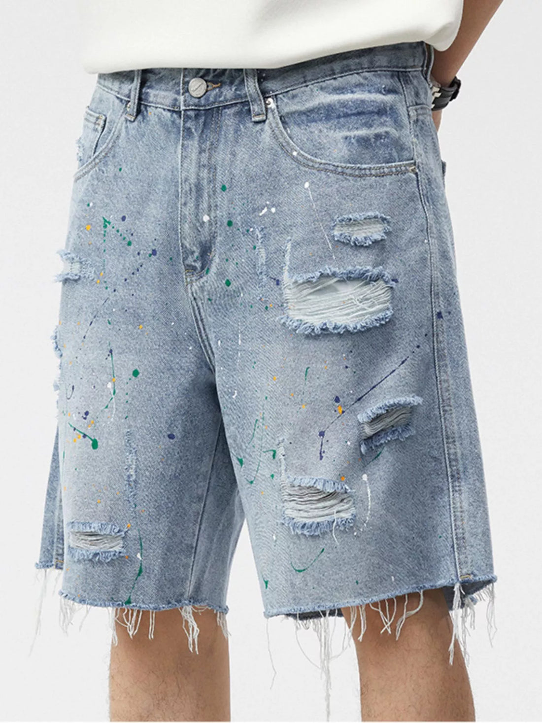 Men's Distressed Paint Splatter Denim Shorts - cas7m