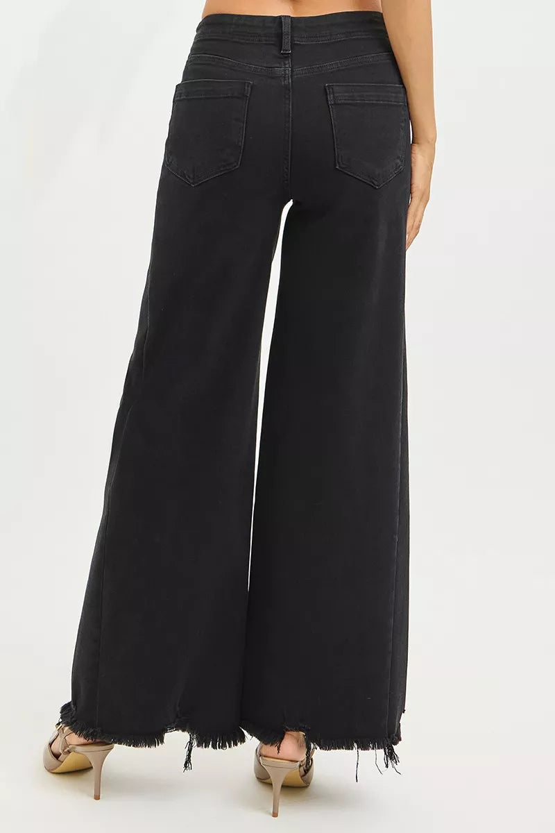 RISEN Tummy Control High Rise Palazzo Leg Frayed Hem Jeans - cas7m
