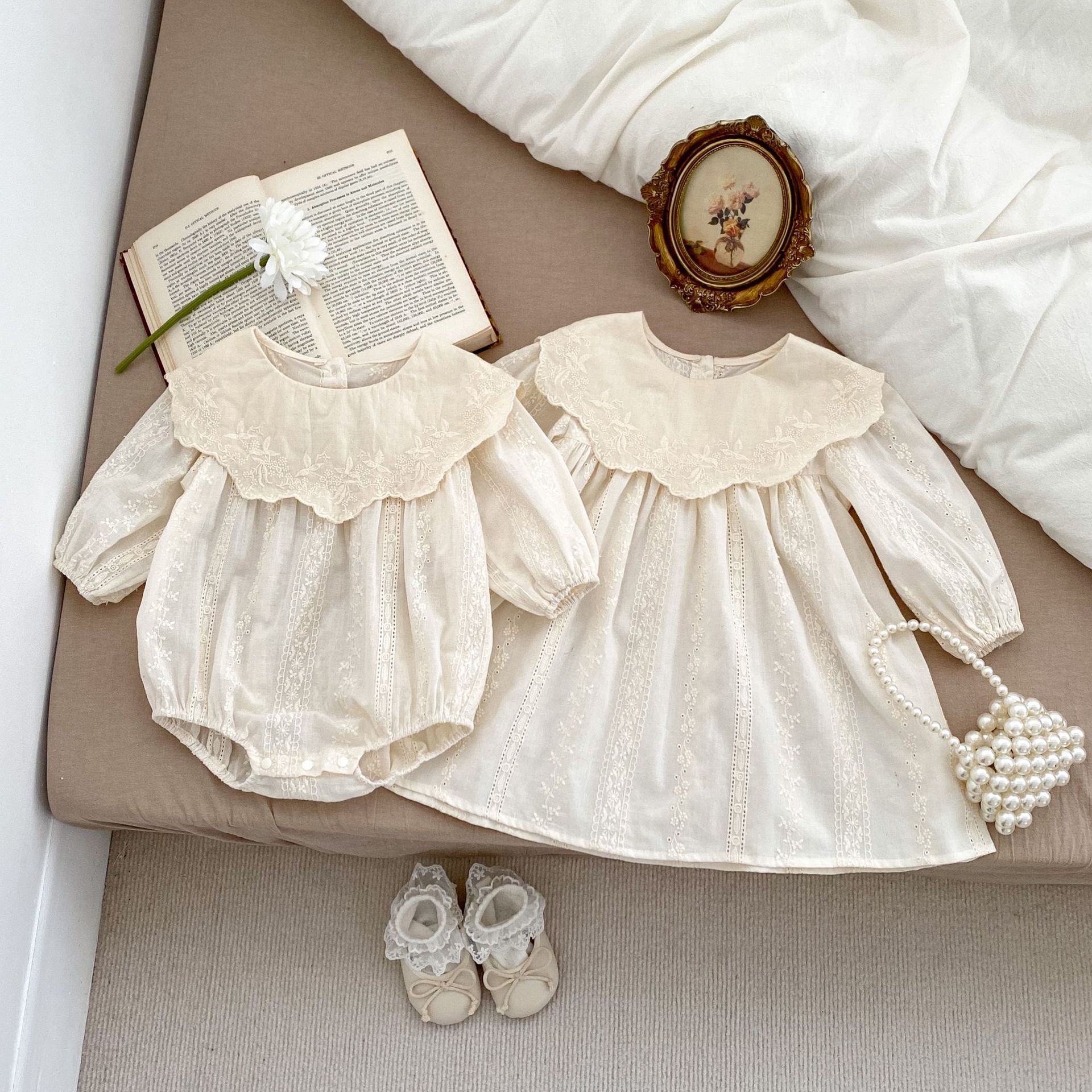 Big Lapel Long Sleeve Onesie Sisters Dress - cas7m