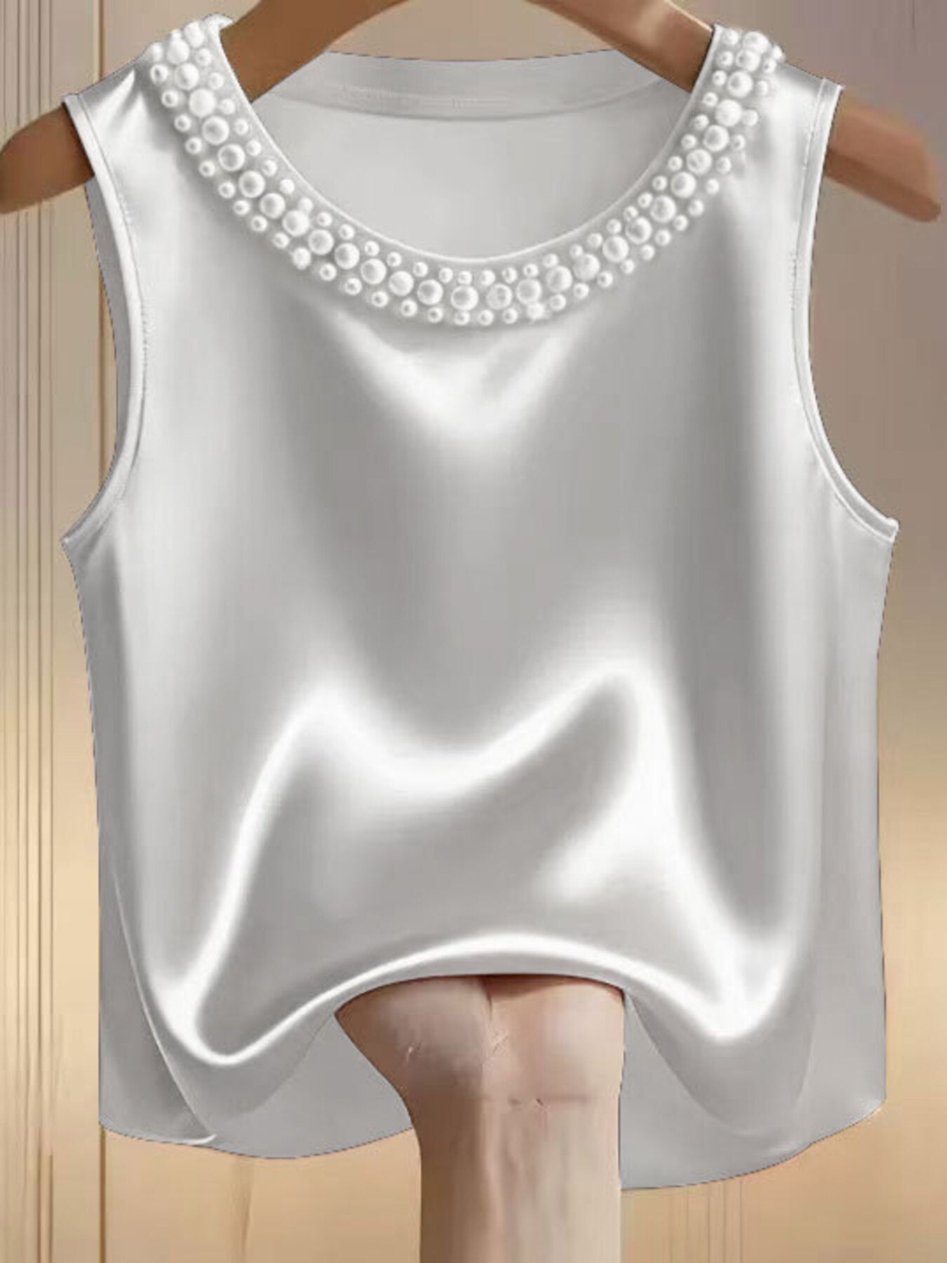 Pearl Embellished Satin Tank Top - cas7m